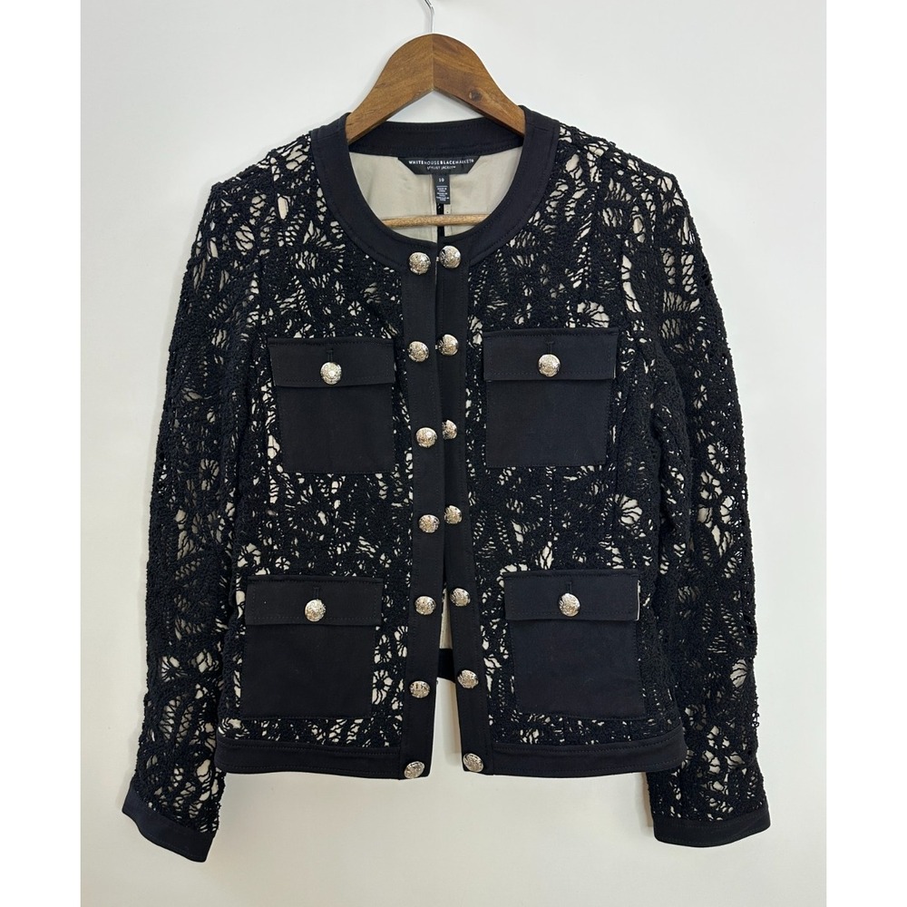 White House Black Market Stylist Jacket Black Floral Lace Crest Button Size 10 - Picture 12 of 12